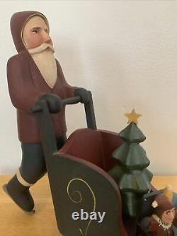 3 Pc Hand Carved Wood Santa & Sled Sleigh withToys Folk Artist Mark Glandon READ