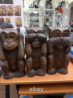 3 Wise Monkeys Africn folk Art Hand Carved 12 inch Here no See no Speak No