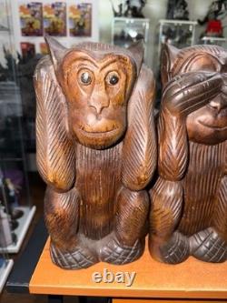 3 Wise Monkeys Africn folk Art Hand Carved 12 inch Here no See no Speak No