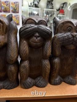 3 Wise Monkeys Africn folk Art Hand Carved 12 inch Here no See no Speak No