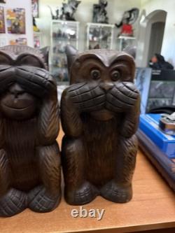 3 Wise Monkeys Africn folk Art Hand Carved 12 inch Here no See no Speak No