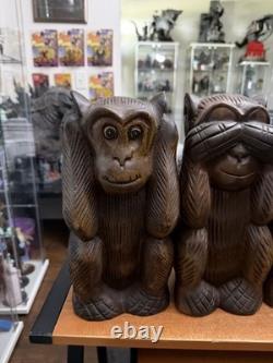 3 Wise Monkeys Africn folk Art Hand Carved 12 inch Here no See no Speak No
