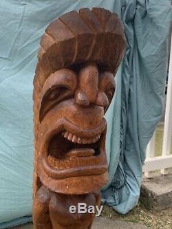 3ft LARGE Antique Hawaiian Tiki Hand Carved Wood K God Statue Folk Art WOW