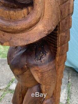 3ft LARGE Antique Hawaiian Tiki Hand Carved Wood K God Statue Folk Art WOW