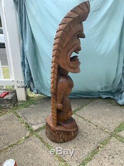 3ft LARGE Antique Hawaiian Tiki Hand Carved Wood K God Statue Folk Art WOW