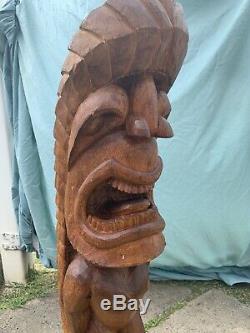 3ft LARGE Antique Hawaiian Tiki Hand Carved Wood K God Statue Folk Art WOW