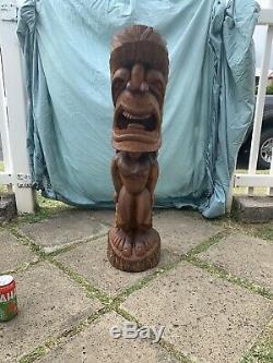 3ft LARGE Antique Hawaiian Tiki Hand Carved Wood K God Statue Folk Art WOW