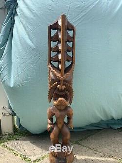 3ft LARGE Antique Hawaiian Tiki Hand Carved Wood Lono God Statue Folk Art WOW