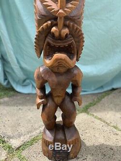 3ft LARGE Antique Hawaiian Tiki Hand Carved Wood Lono God Statue Folk Art WOW