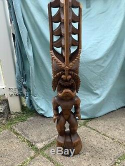 3ft LARGE Antique Hawaiian Tiki Hand Carved Wood Lono God Statue Folk Art WOW