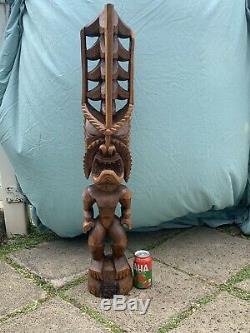 3ft LARGE Antique Hawaiian Tiki Hand Carved Wood Lono God Statue Folk Art WOW