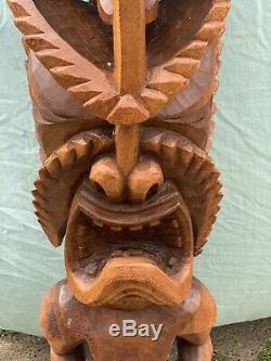 3ft LARGE Antique Hawaiian Tiki Hand Carved Wood Lono God Statue Folk Art WOW