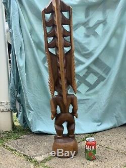 3ft LARGE Antique Hawaiian Tiki Hand Carved Wood Lono God Statue Folk Art WOW