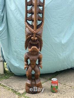 3ft LARGE Antique Hawaiian Tiki Hand Carved Wood Lono God Statue Folk Art WOW