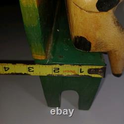 4 Folk Art Wooden Cows & 1 Cat On A Bench Fishing Carved & Painted