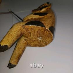 4 Folk Art Wooden Cows & 1 Cat On A Bench Fishing Carved & Painted