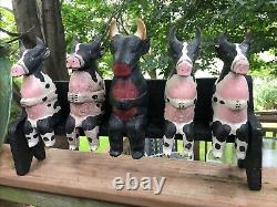 5 Folk Art Wooden Cows Bulls On A Bench Carved & Painted