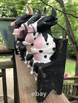 5 Folk Art Wooden Cows Bulls On A Bench Carved & Painted