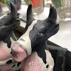 5 Folk Art Wooden Cows Bulls On A Bench Carved & Painted