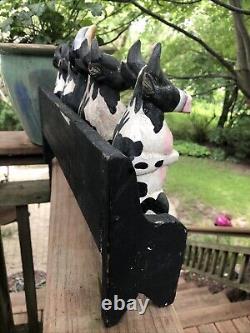 5 Folk Art Wooden Cows Bulls On A Bench Carved & Painted
