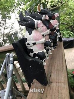 5 Folk Art Wooden Cows Bulls On A Bench Carved & Painted
