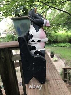 5 Folk Art Wooden Cows Bulls On A Bench Carved & Painted