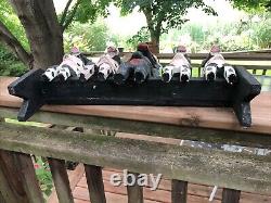 5 Folk Art Wooden Cows Bulls On A Bench Carved & Painted