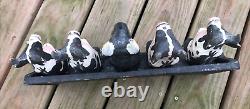 5 Folk Art Wooden Cows Bulls On A Bench Carved & Painted