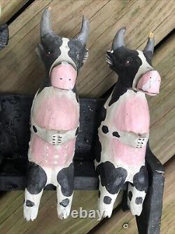 5 Folk Art Wooden Cows Bulls On A Bench Carved & Painted