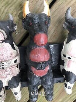 5 Folk Art Wooden Cows Bulls On A Bench Carved & Painted
