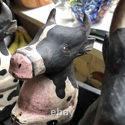5 Folk Art Wooden Cows Bulls On A Bench Carved & Painted