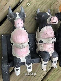 5 Folk Art Wooden Cows Bulls On A Bench Carved & Painted