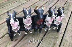 5 Folk Art Wooden Cows Bulls On A Bench Carved & Painted