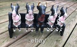5 Folk Art Wooden Cows Bulls On A Bench Carved & Painted