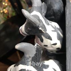 5 Folk Art Wooden Cows Bulls On A Bench Carved & Painted