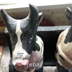 5 Folk Art Wooden Cows Bulls On A Bench Carved & Painted