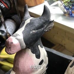 5 Folk Art Wooden Cows Bulls On A Bench Carved & Painted