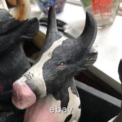 5 Folk Art Wooden Cows Bulls On A Bench Carved & Painted