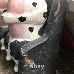 5 Folk Art Wooden Cows Bulls On A Bench Carved & Painted