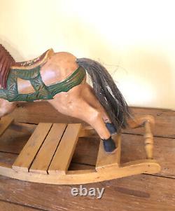 ANTIQUE 1900s WOODEN HAND CARVED FOLK ART ROCKING HORSE REAL HORSE HAIR TAIL