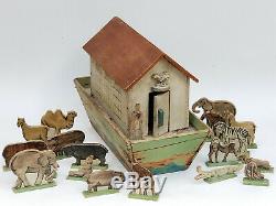 ANTIQUE 19c. FOLK ART CARVED WOOD TOY NOAH'S ARK TOY with 19 FIGURES