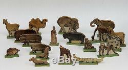 ANTIQUE 19c. FOLK ART CARVED WOOD TOY NOAH'S ARK TOY with 19 FIGURES