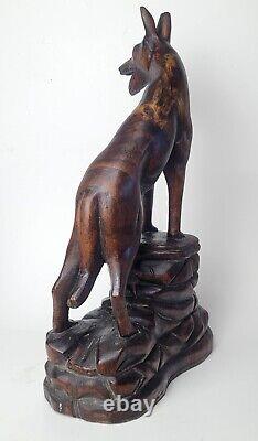 ANTIQUE ANDREW SCHWALBE WOOD FOLK ART SCULPTURE CARVED DOG STATUE LATE 1800's