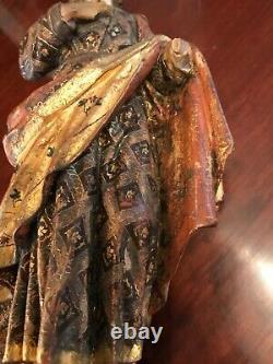 ANTIQUE CARVED WOOD POLYCHROME SANTOS Religious Folk Art Statue gilt cloak 11