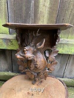 ANTIQUE German Black Forest DEER WALL BRACKET hand carved wood shelf folk art