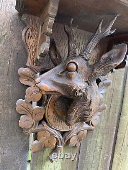 ANTIQUE German Black Forest DEER WALL BRACKET hand carved wood shelf folk art