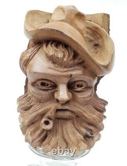 ANTIQUE Hand Carved Wooden Sculpture Bearded Hat Man Smoking A Pipe Folk Art