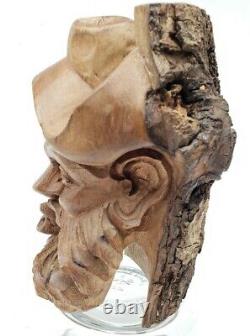 ANTIQUE Hand Carved Wooden Sculpture Bearded Hat Man Smoking A Pipe Folk Art