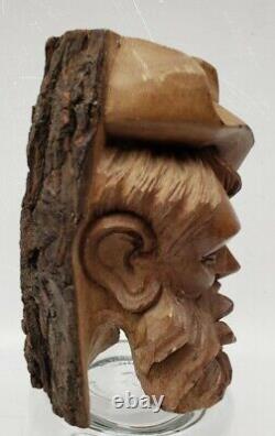 ANTIQUE Hand Carved Wooden Sculpture Bearded Hat Man Smoking A Pipe Folk Art