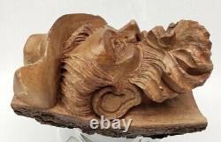 ANTIQUE Hand Carved Wooden Sculpture Bearded Hat Man Smoking A Pipe Folk Art